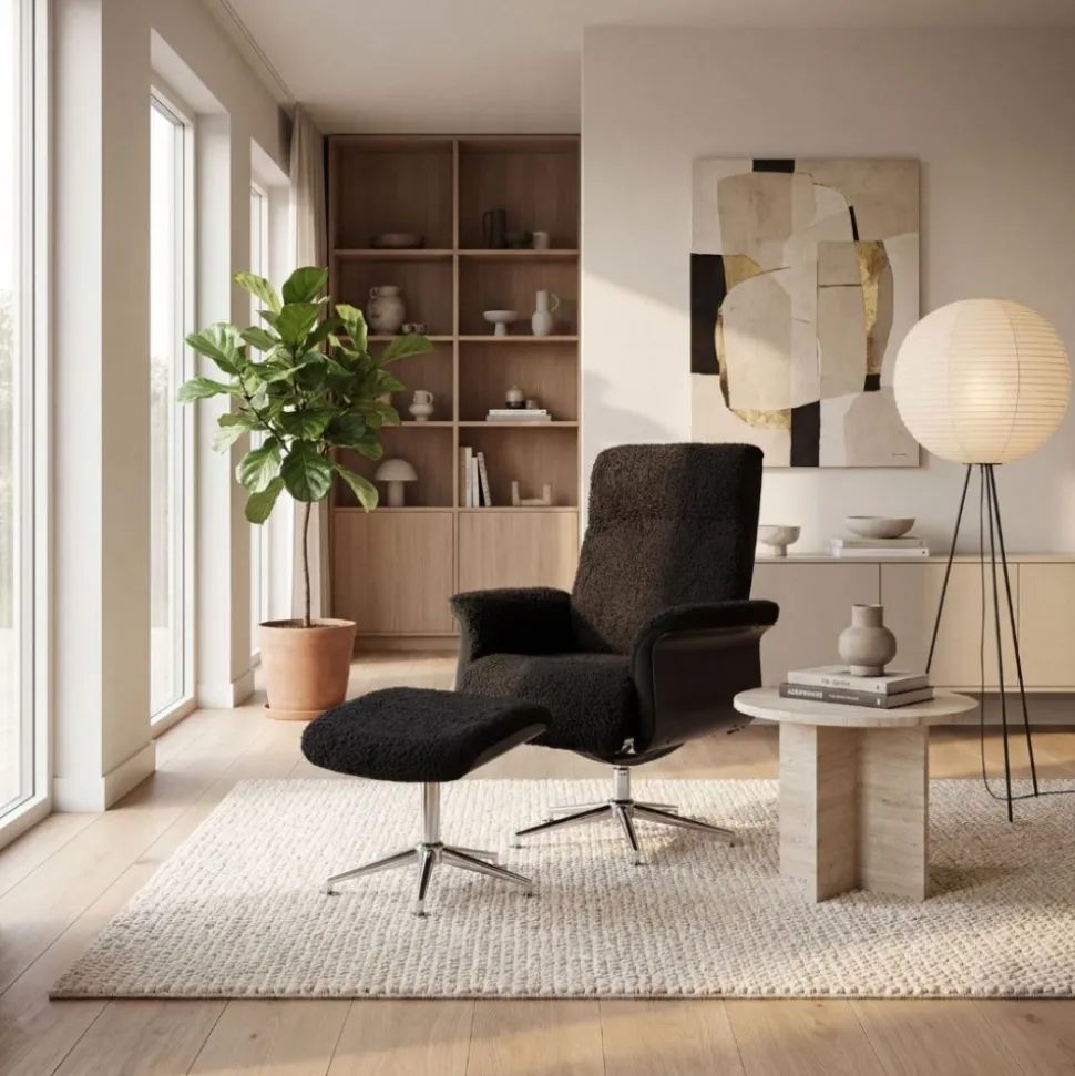 Hagön fåtölj med fotpall | Antracit teddy, recliner & snurrstativ | Lyxig komfort och modern design