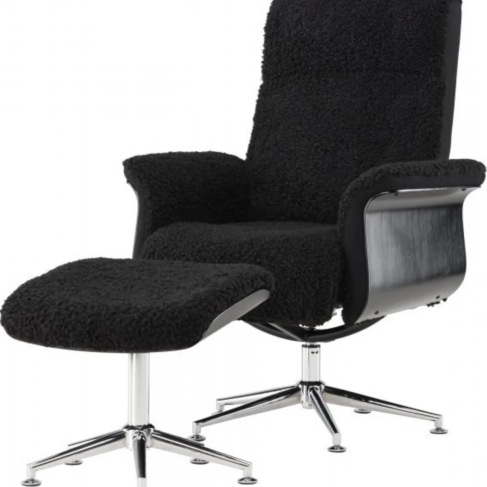 Hagön fåtölj med fotpall | Antracit teddy, recliner & snurrstativ | Lyxig komfort och modern design