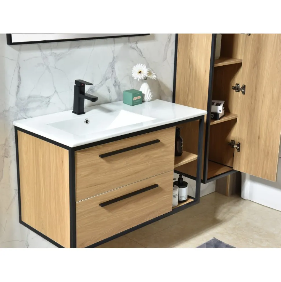Industria Badrumspaket 90 cm Kommod, keramiskt tvättställ, spegel & sidoskåp | Trä/Svart