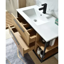 Industria Badrumspaket 90 cm Kommod, keramiskt tvättställ, spegel & sidoskåp | Trä/Svart