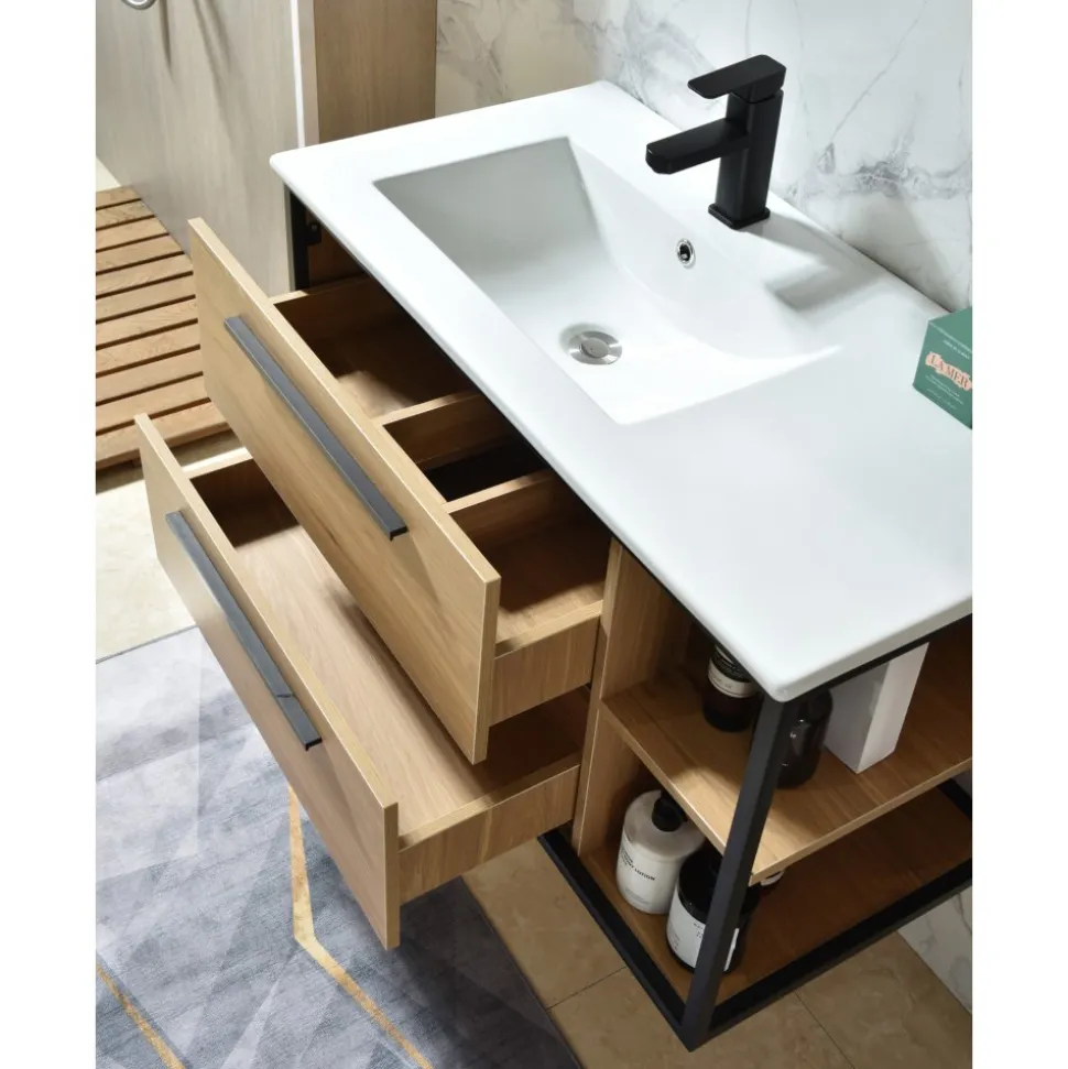 Industria Badrumspaket 90 cm Kommod, keramiskt tvättställ, spegel & sidoskåp | Trä/Svart