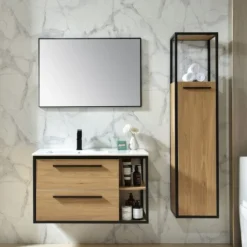 Industria Badrumspaket 90 cm Kommod, keramiskt tvättställ, spegel & sidoskåp | Trä/Svart