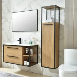 Industria Badrumspaket 90 cm Kommod, keramiskt tvättställ, spegel & sidoskåp | Trä/Svart