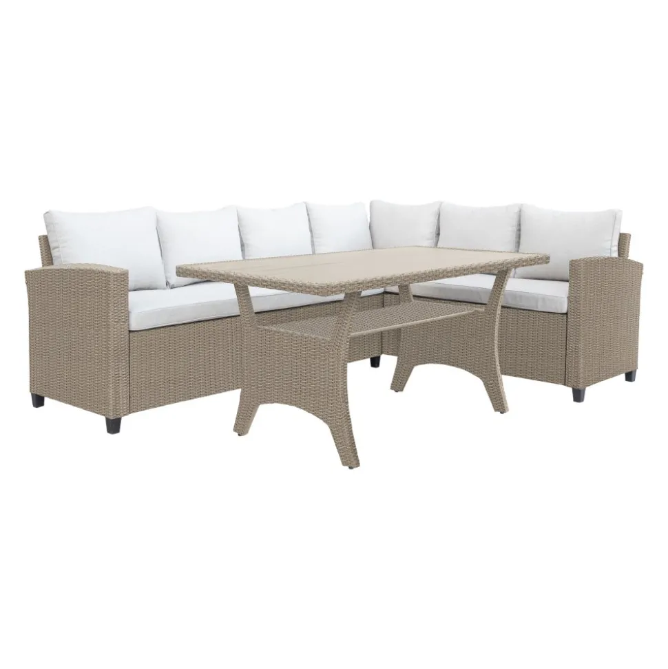 Loungegrupp hörnsoffa med bord beige modern utegrupp i konstrotting | Stenvik