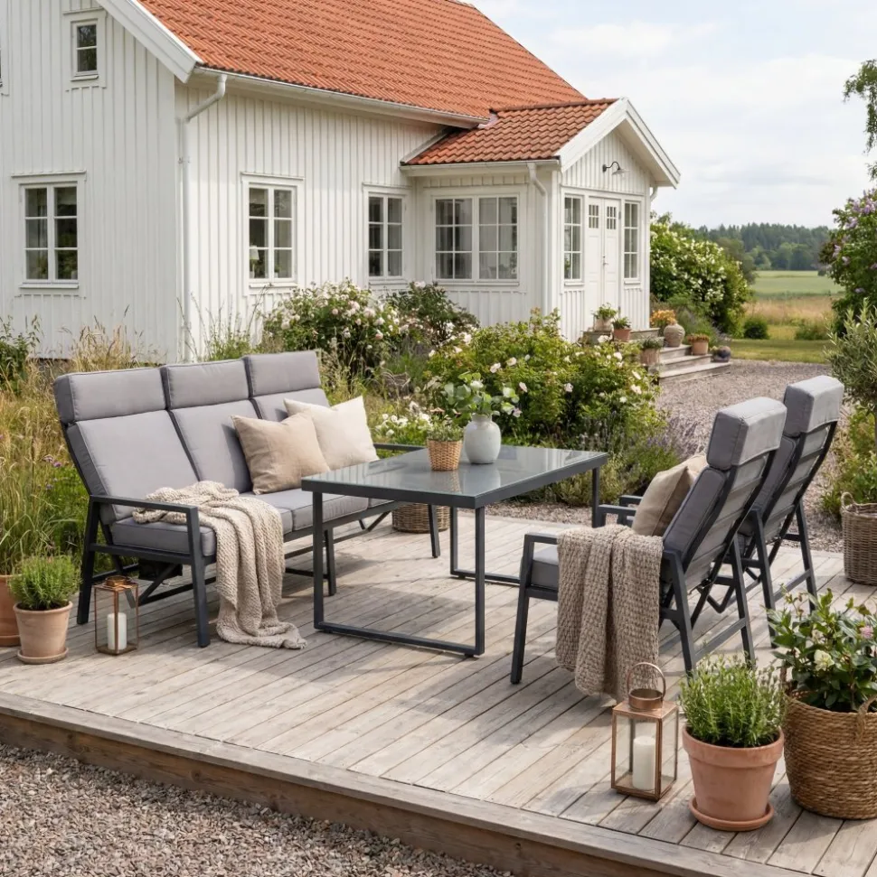 Loungegrupp i aluminium med recliner Soffa, 2 stolar & bord | Apelviken