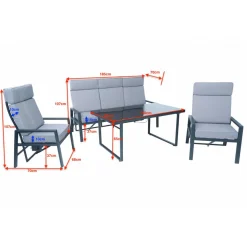 Loungegrupp i aluminium med recliner Soffa, 2 stolar & bord | Apelviken