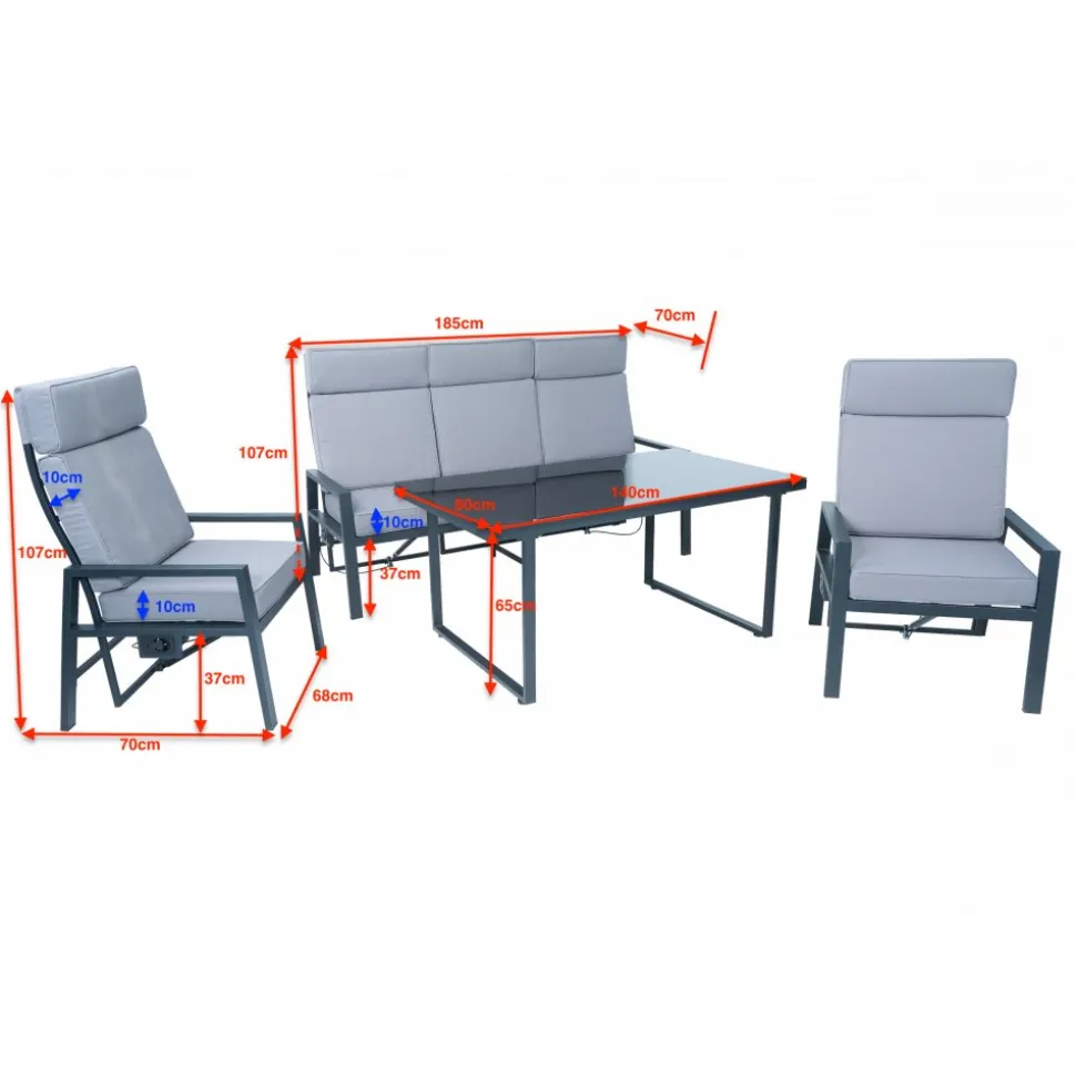 Loungegrupp i aluminium med recliner Soffa, 2 stolar & bord | Apelviken