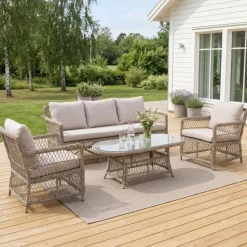 Loungegrupp i naturfärgad Rotting | Soffa, Fåtöljer & Bord i Aluminium | Vexa