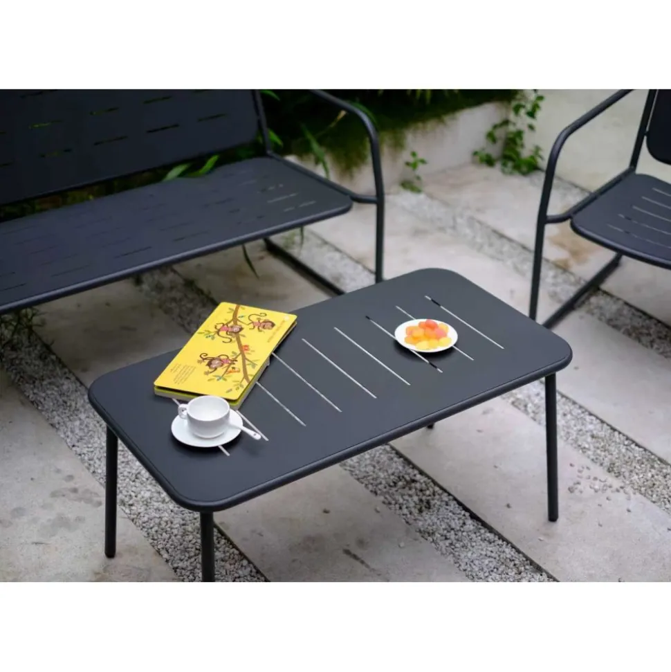 Loungegrupp i stål | Svart loungeset med bord, stol och bänk | Isac