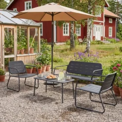 Loungegrupp i stål | Svart loungeset med bord, stol och bänk | Isac