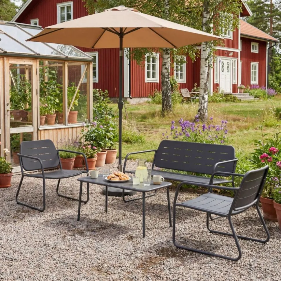 Loungegrupp i stål | Svart loungeset med bord, stol och bänk | Isac