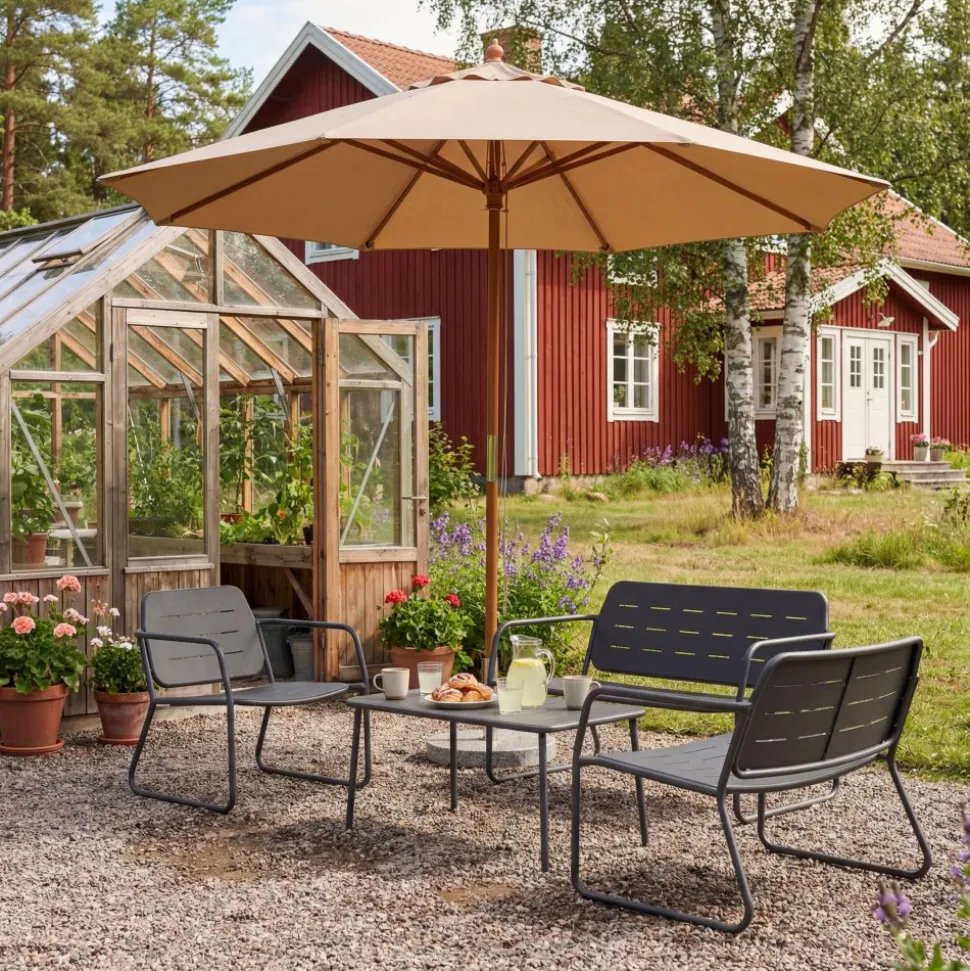 Loungegrupp i stål | Svart loungeset med bord, stol och bänk | Isac