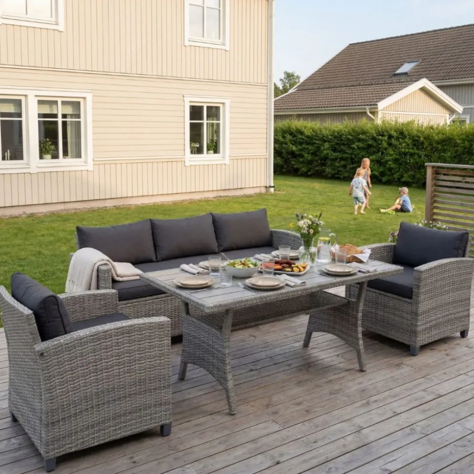 Loungegrupp med soffa, 2 fåtöljer & bord i grått | Arholma