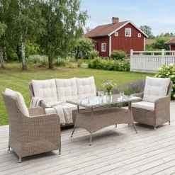 Loungegrupp utemöbler | Beige konstrotting | Rögrund