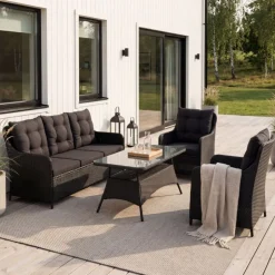 Loungegrupp utemöbler | Svart konstrotting | Rögrund