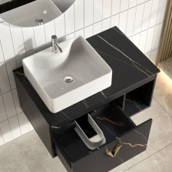 Luxe Badrumspaket 80 cm Skifferbänkskiva, keramiskt tvättställ & LED-spegel | Mjukstängning