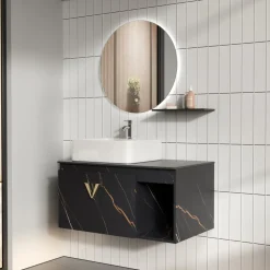Luxe Badrumspaket 80 cm Skifferbänkskiva, keramiskt tvättställ & LED-spegel | Mjukstängning