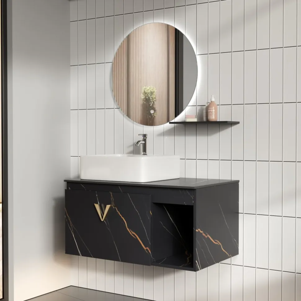 Luxe Badrumspaket 80 cm Skifferbänkskiva, keramiskt tvättställ & LED-spegel | Mjukstängning