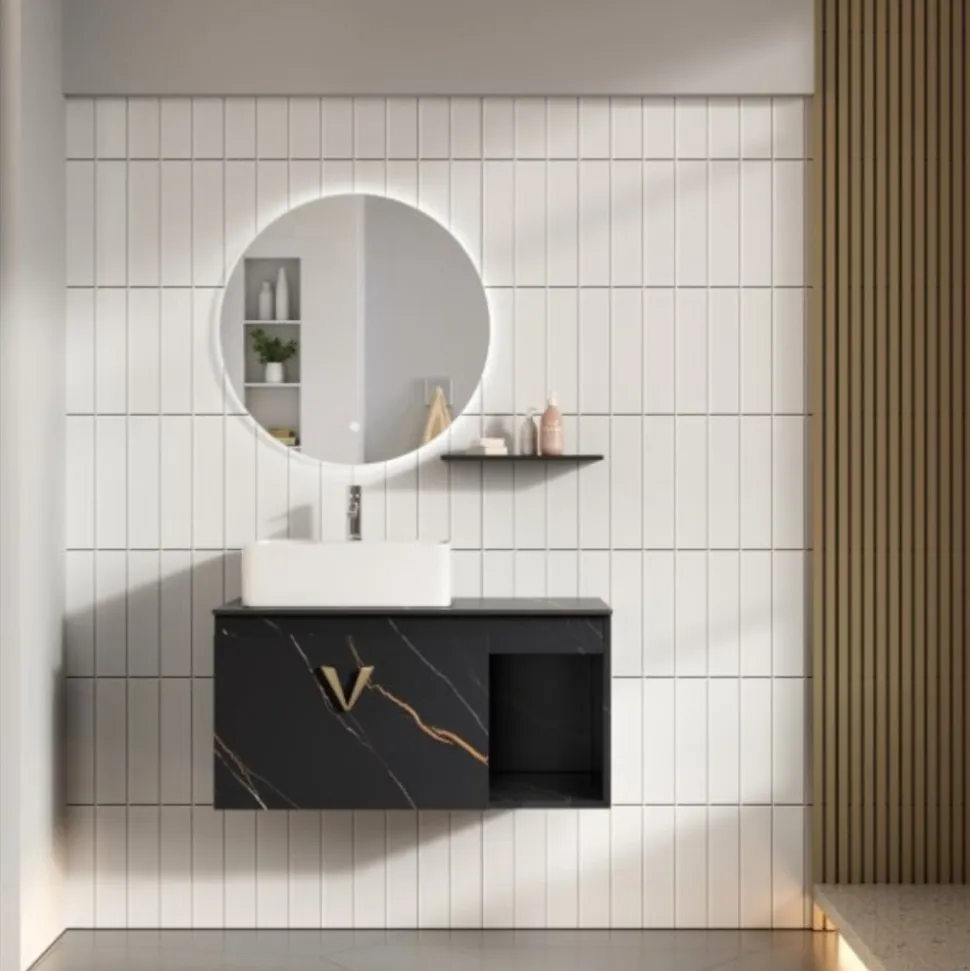 Luxe Badrumspaket 80 cm Skifferbänkskiva, keramiskt tvättställ & LED-spegel | Mjukstängning