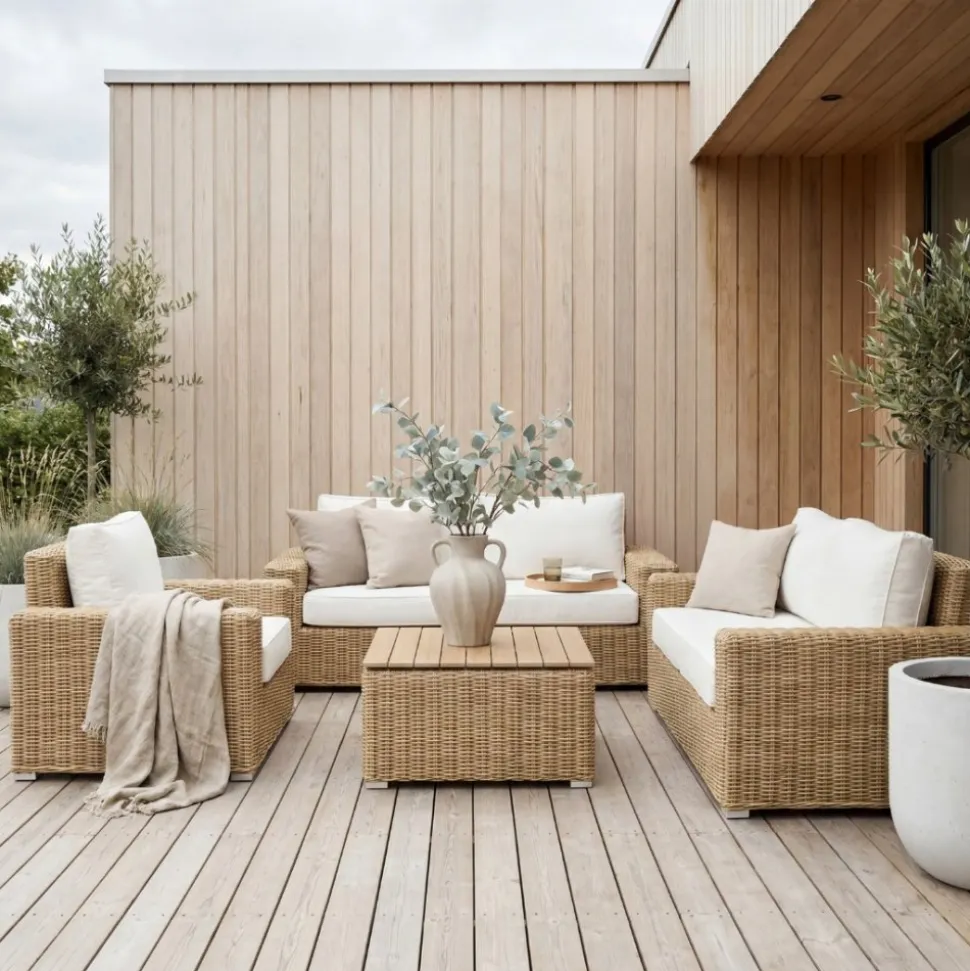 Lyxig loungegrupp i naturlig rotting | Inkl. dynor | Solena premium