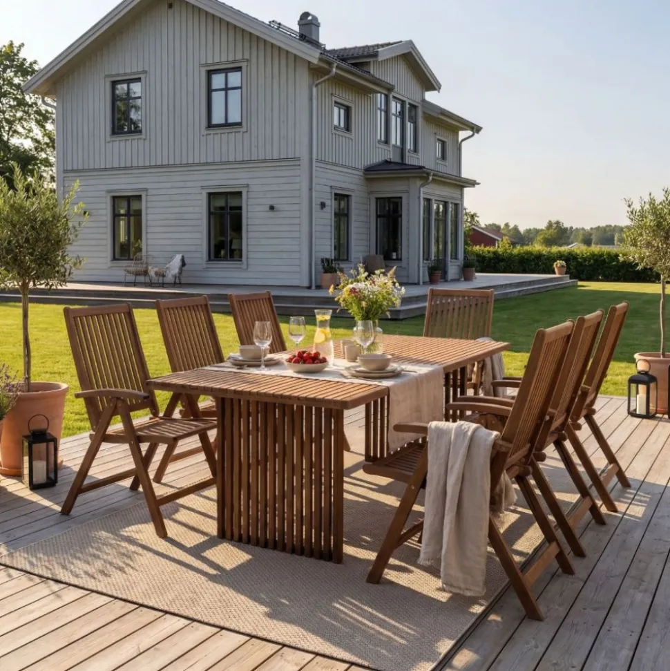 Matgrupp i eukalyptus trä | Stor utemöbel med 8 positionsstolar | Sandviken