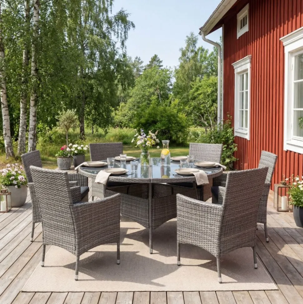 Matgrupp med 6 platser | Runt bord Ø135 cm & 6 stolar med dynor | Tylösand Grå
