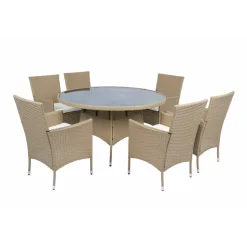 Matgrupp 6 platser | Runt bord Ø135 cm & stolar med dynor | Tylösand Beige