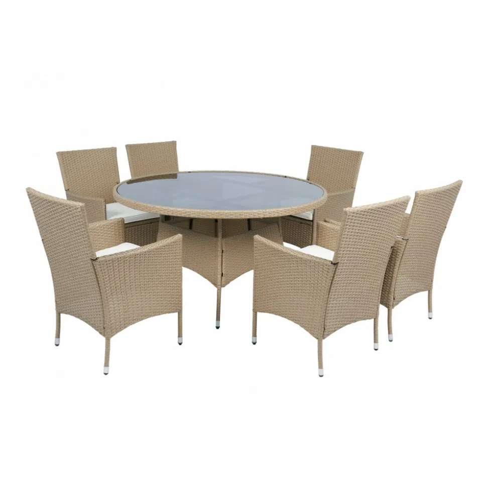 Matgrupp 6 platser | Runt bord Ø135 cm & stolar med dynor | Tylösand Beige