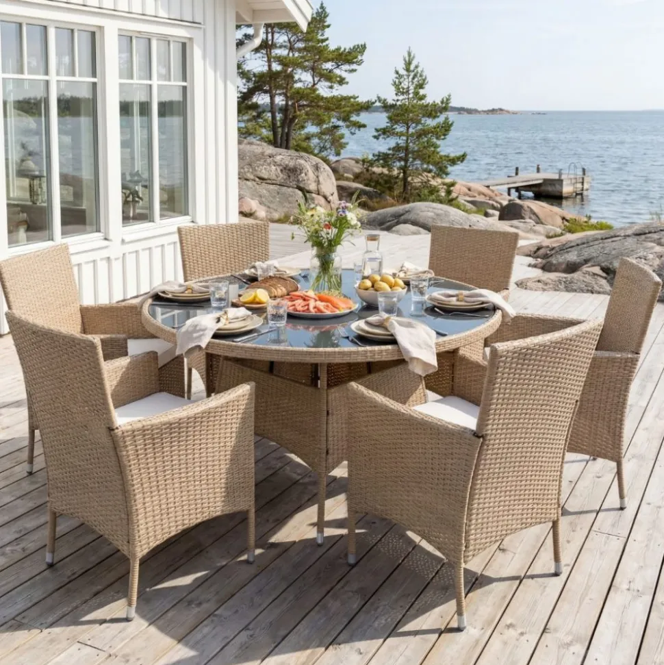 Matgrupp 6 platser | Runt bord Ø135 cm & stolar med dynor | Tylösand Beige