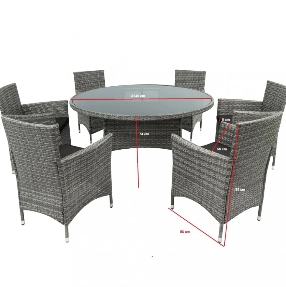Matgrupp 6 platser | Runt bord Ø135 cm & stolar med dynor | Tylösand Mörk Grå