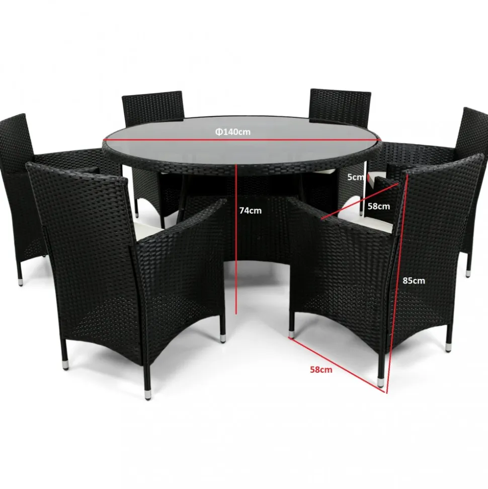 Matgrupp 6 platser | Runt bord Ø135 cm & stolar med dynor | Tylösand Svart