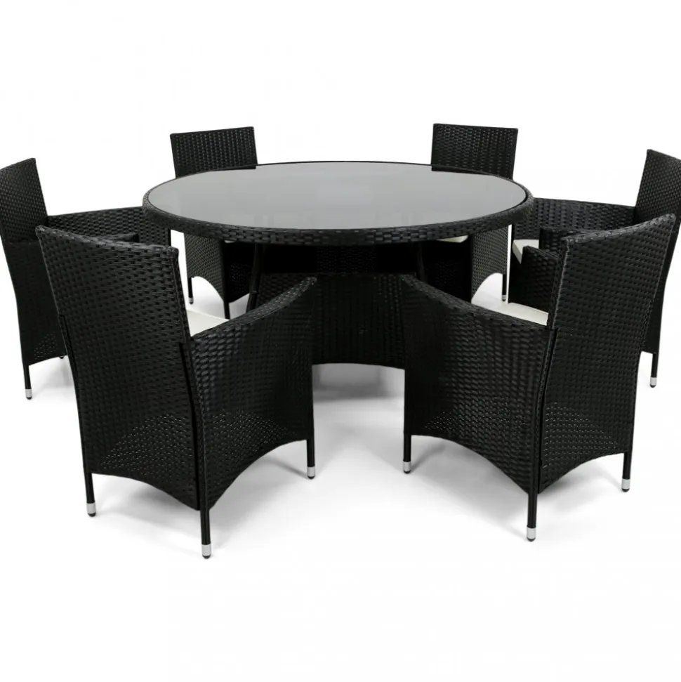Matgrupp 6 platser | Runt bord Ø135 cm & stolar med dynor | Tylösand Svart