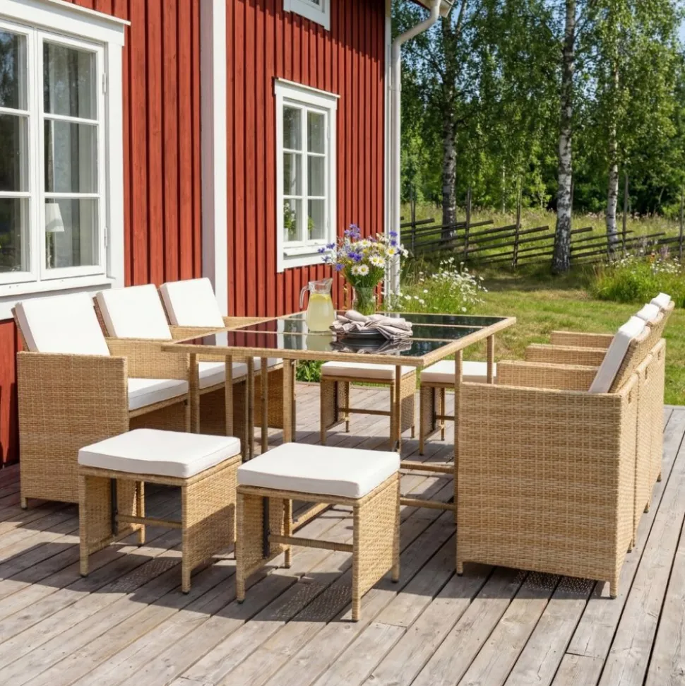 Matgrupp/Utegrupp 10 platser | 6 Stolar & 4 Pallar | Skärhamn beige