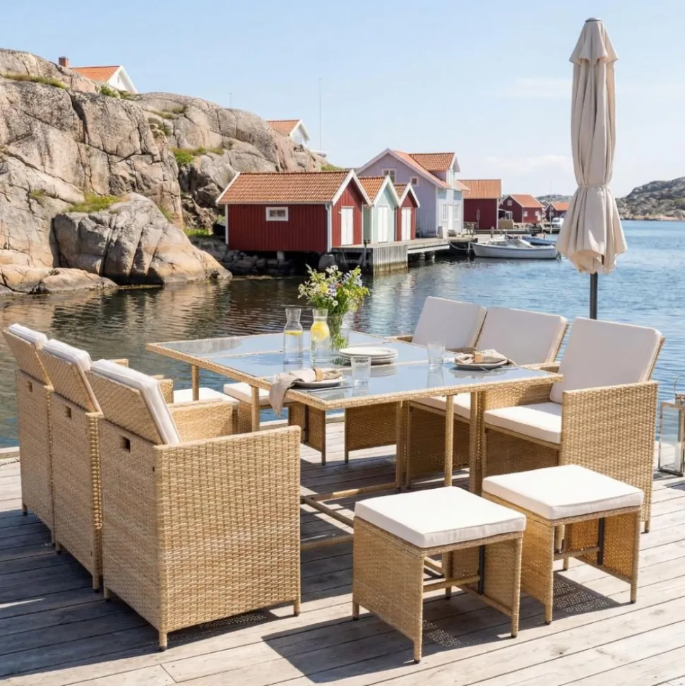 Matgrupp/Utegrupp 10 platser | 6 Stolar & 4 Pallar | Skärhamn beige