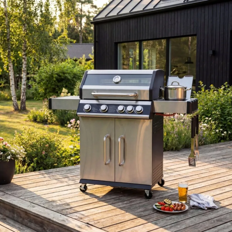 Rostfri gasolgrill med sidobrännare | Lock med glasfönster | Kansas