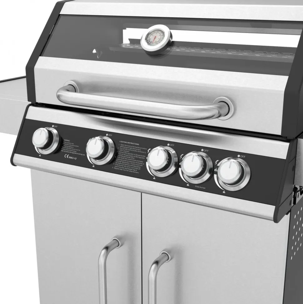 Rostfri gasolgrill med sidobrännare | Lock med glasfönster | Kansas