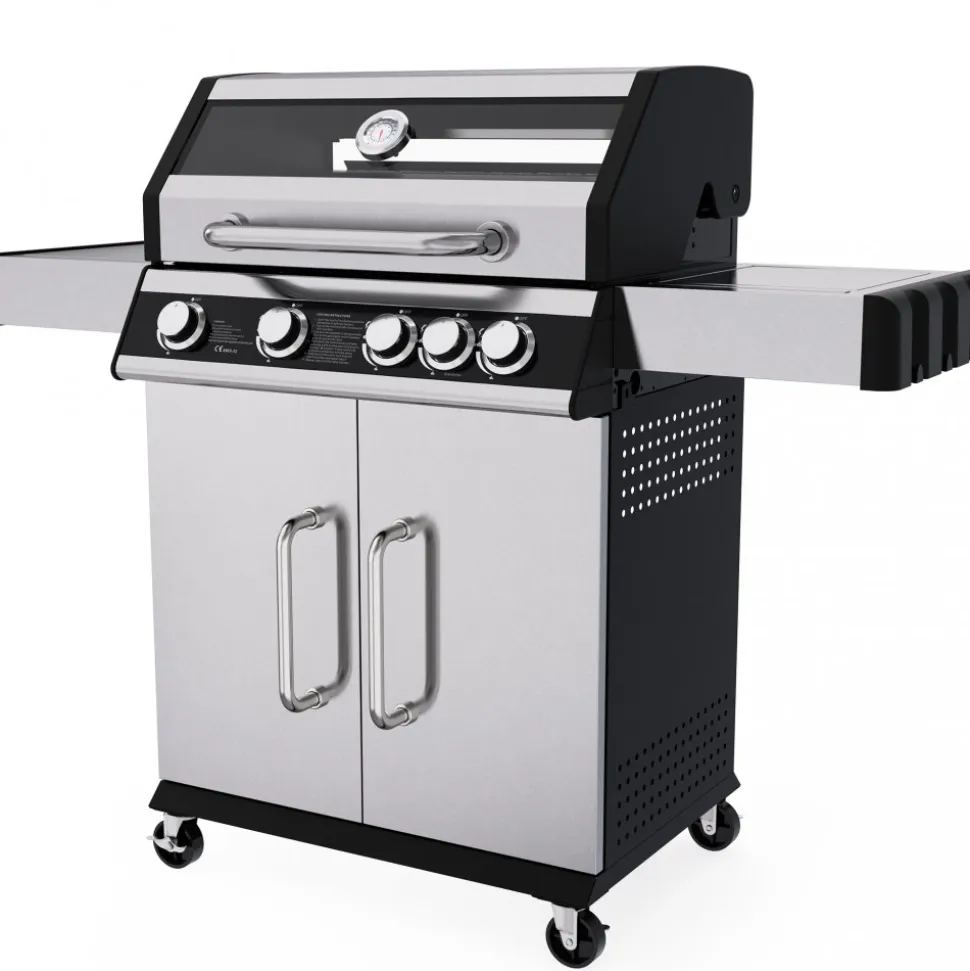 Rostfri gasolgrill med sidobrännare | Lock med glasfönster | Kansas