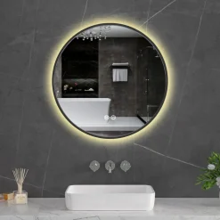 Rund badrumsspegel 60 cm | Svart ram | LED-belysning | Anti-fog & touch-styrning
