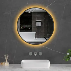 Rund badrumsspegel 60 cm | Svart ram | LED-belysning | Anti-fog & touch-styrning