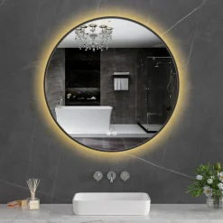Rund badrumsspegel 80 cm | Svart ram | LED-belysning | Anti-fog & touch-styrning
