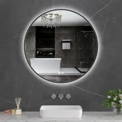 Rund badrumsspegel 80 cm | Svart ram | LED-belysning | Anti-fog & touch-styrning
