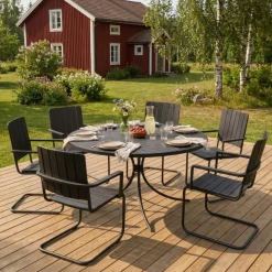 Rund utemöbel matgrupp | Bord med 6 stolar | Akacia | Gräsö svart