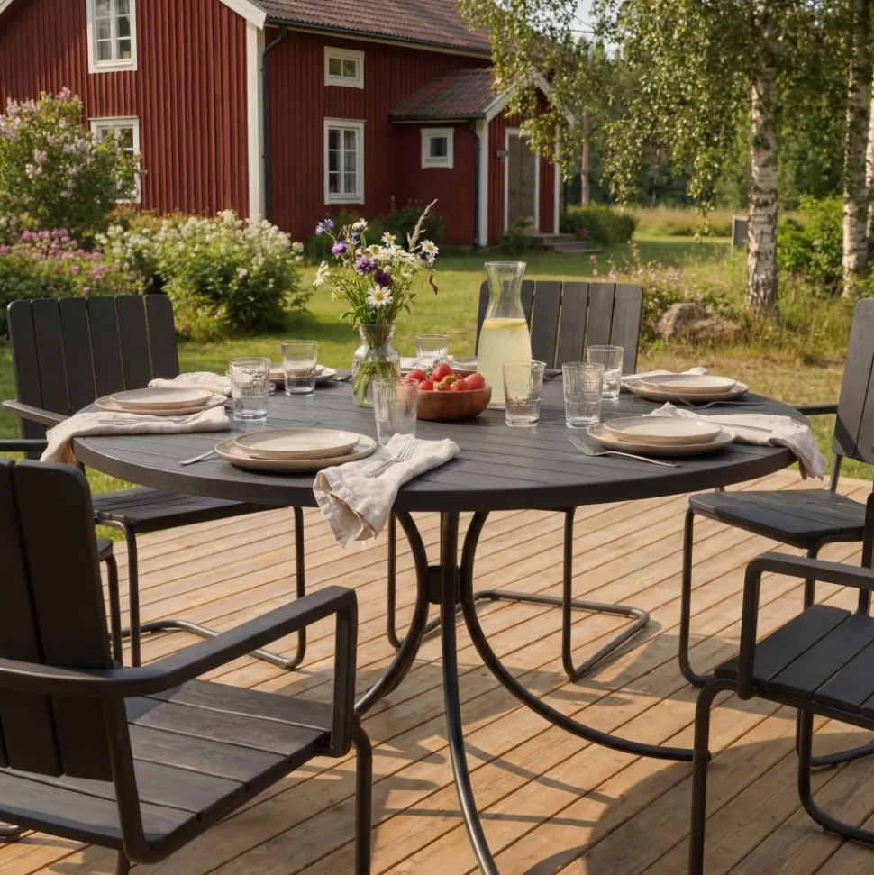 Rund utemöbel matgrupp | Bord med 6 stolar | Akacia | Gräsö svart