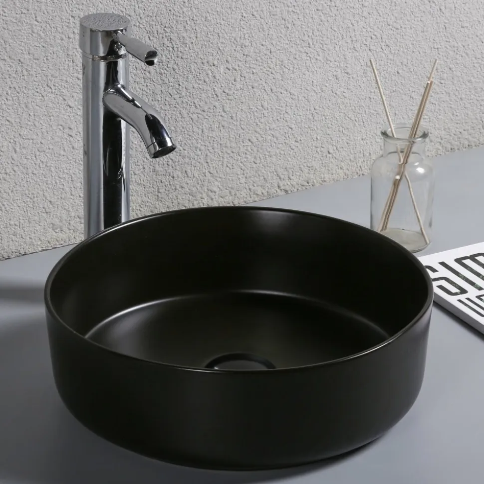 Runt tvättställ 36cm | För bänkmontering | Mattsvart porslin