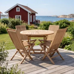 Runt utebord i premiumteak | 4 stolar | Lyfco Smögen