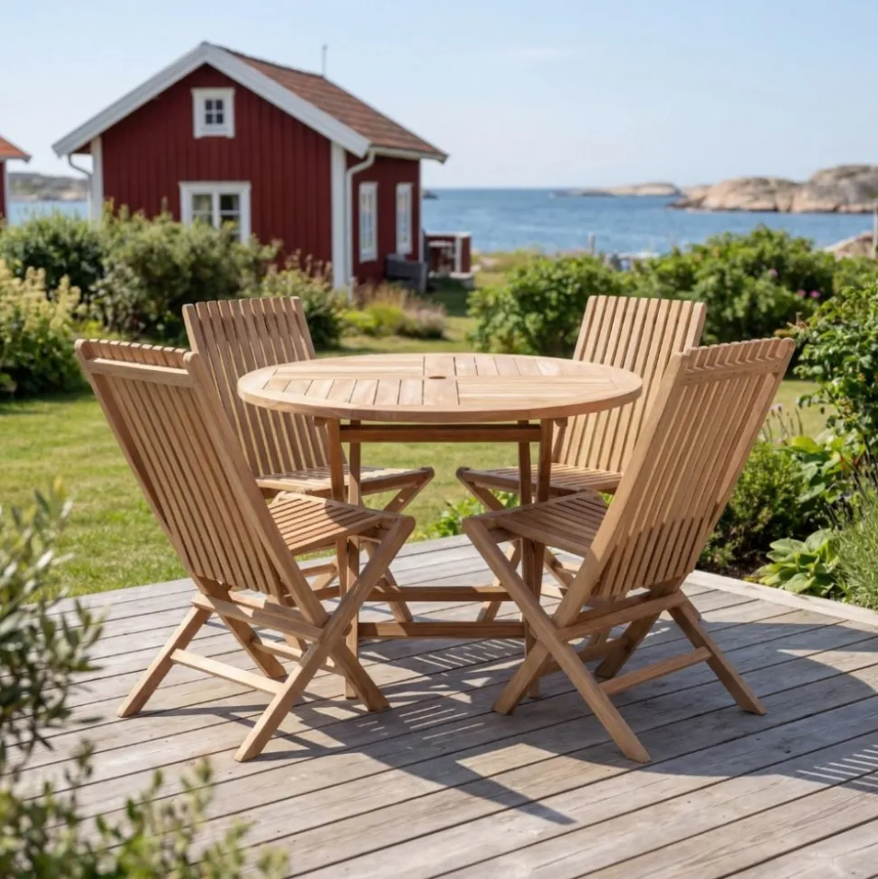 Runt utebord i premiumteak | 4 stolar | Lyfco Smögen
