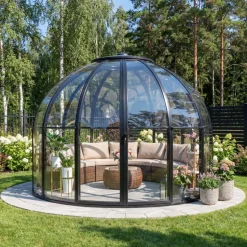 Runt växthus 13,2 m² | Exklusivt Uterum | Svart aluminium & kristallklara polykarbonatpaneler