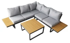 Skara loungegrupp för uteplats | Hörnsoffa med bord i aluminium & polywood | Vädertålig utegrupp med ljusgrå dynor