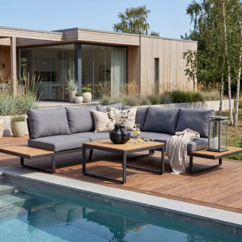Skara loungegrupp för uteplats | Hörnsoffa med bord i aluminium & polywood | Vädertålig utegrupp med ljusgrå dynor