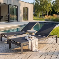 Solbädd i aluminium & textilene 2-pack | Justerbar solsäng för pool | Copacabana Svart